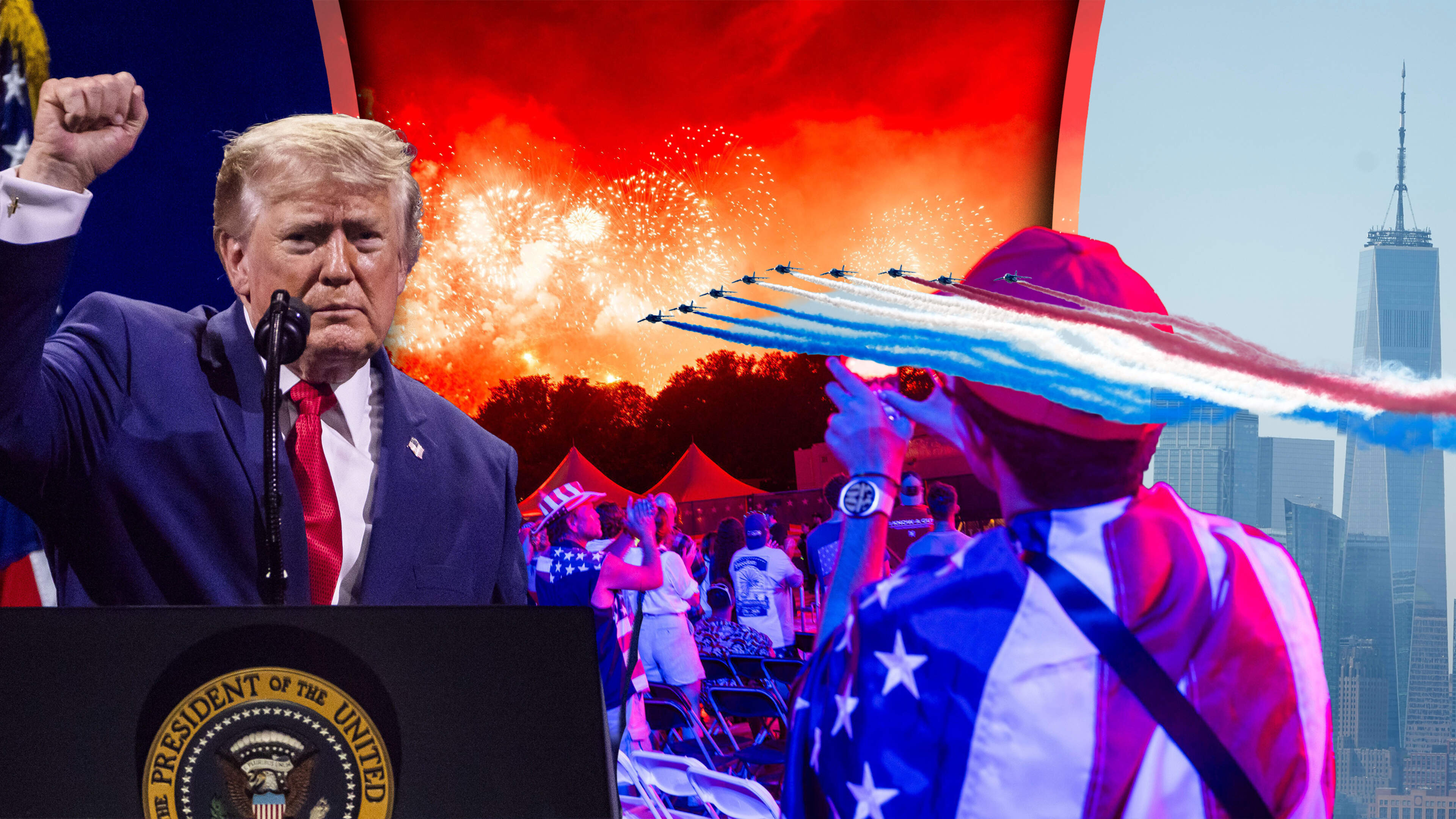 Trump zorgt voor commotie met speech 250 jaar VS en krijgt ’shut up!’ naar zijn hoofd, maar dan valt toch iedereen in katzwijm